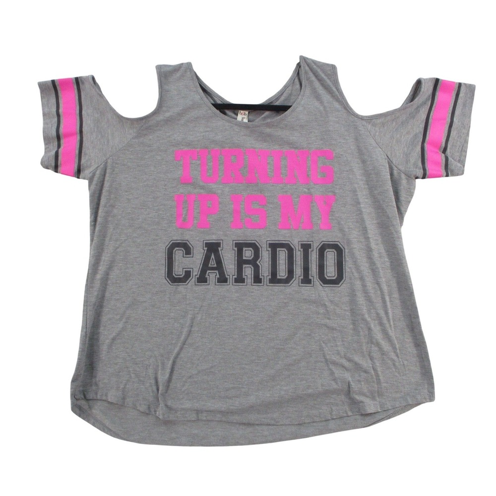 Boutique Plus Womens Gray Turning Up Is My Cardio Cold Shoulder Graphic Tee 2X